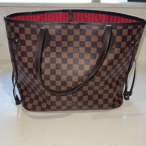 Brown Checkered Print Tote with Pouch